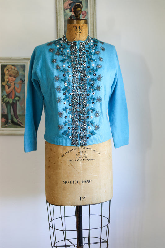 Vintage Turquoise Heavily Beaded Cashmere Sweater - Exceptional Spider Mums or Snowflakes + Rhinestones