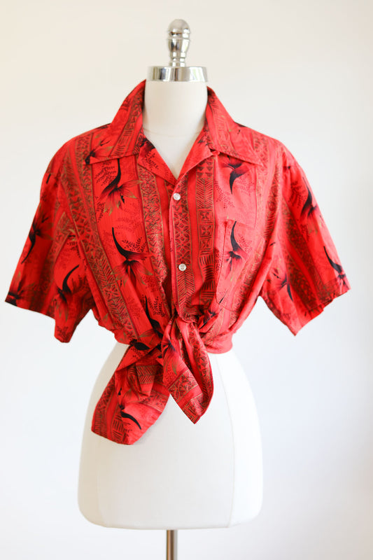 Vintage 1950s to 1960s California-Made Shirt - Red + Metallic Gold Hand-screened Cotton Birds of Paradise Button-Loop Collar Size M L XL