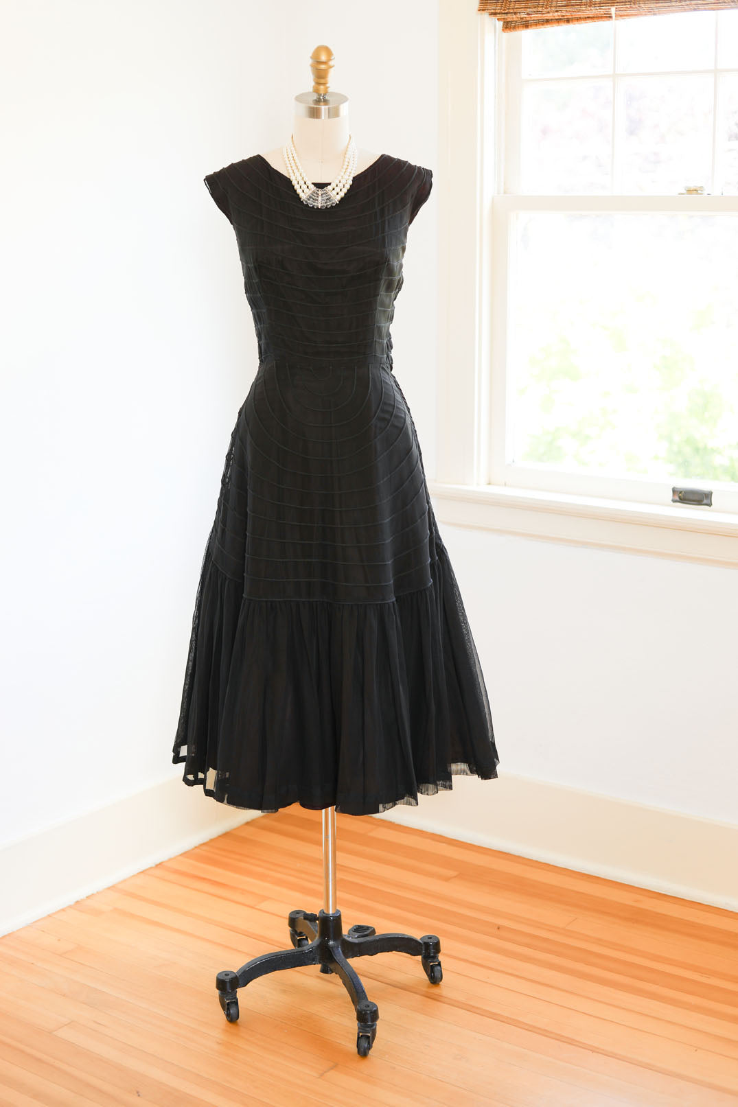 Vintage 1940s Dress - SUBLIME SUMMER GOTH Black Mesh Layered Party Gown w Spiderweb-like Details + Silk Velvet Rose Size M