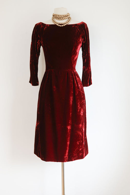 Vintage 1950s to 1960s Dress - Lush Merlot Crushed Silk Velvet Designer Cocktail Party Wiggle Dress Size M