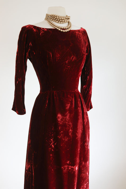 Vintage 1950s to 1960s Dress - Lush Merlot Crushed Silk Velvet Designer Cocktail Party Wiggle Dress Size M