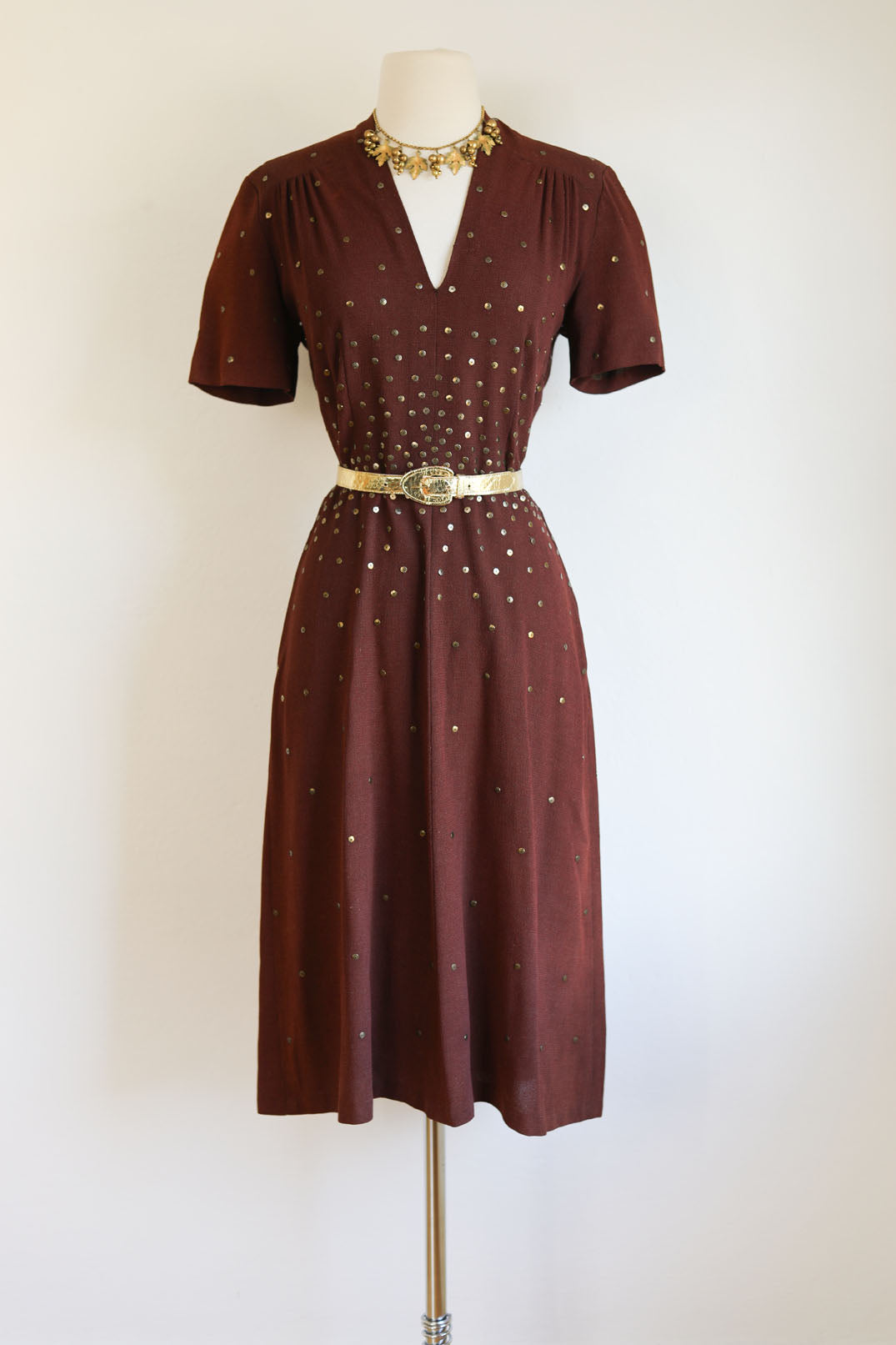 Vintage 1940s Dress - Stunning Bronze Crepe Rayon w Golden Metal Sequin Studs Dress Size M to L
