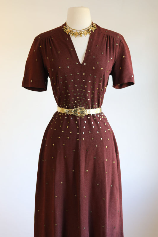 Vintage 1940s Dress - Stunning Bronze Crepe Rayon w Golden Metal Sequin Studs Dress Size M to L