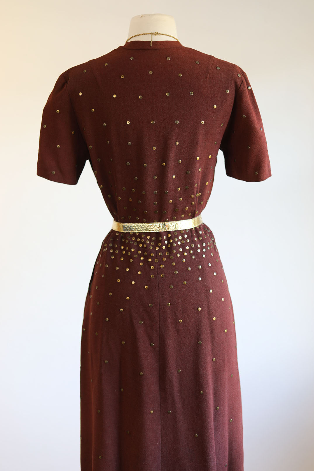 Vintage 1940s Dress - Stunning Bronze Crepe Rayon w Golden Metal Sequin Studs Dress Size M to L