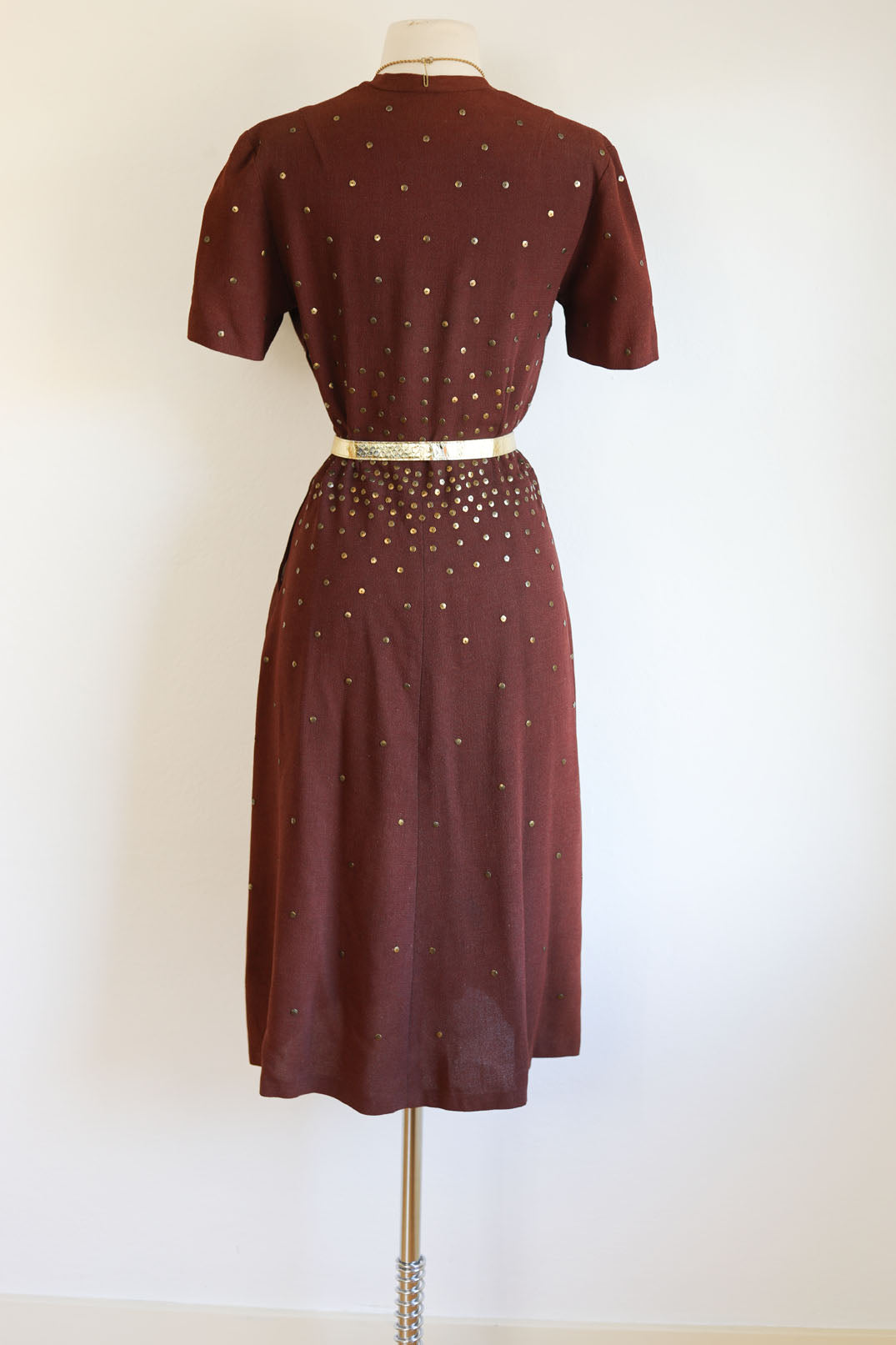 Vintage 1940s Dress - Stunning Bronze Crepe Rayon w Golden Metal Sequin Studs Dress Size M to L