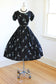 Vintage 1950 Dress - RARE Black Aqua White Kitten w Yarn Novelty Cotton Print Cat Sundress Size S