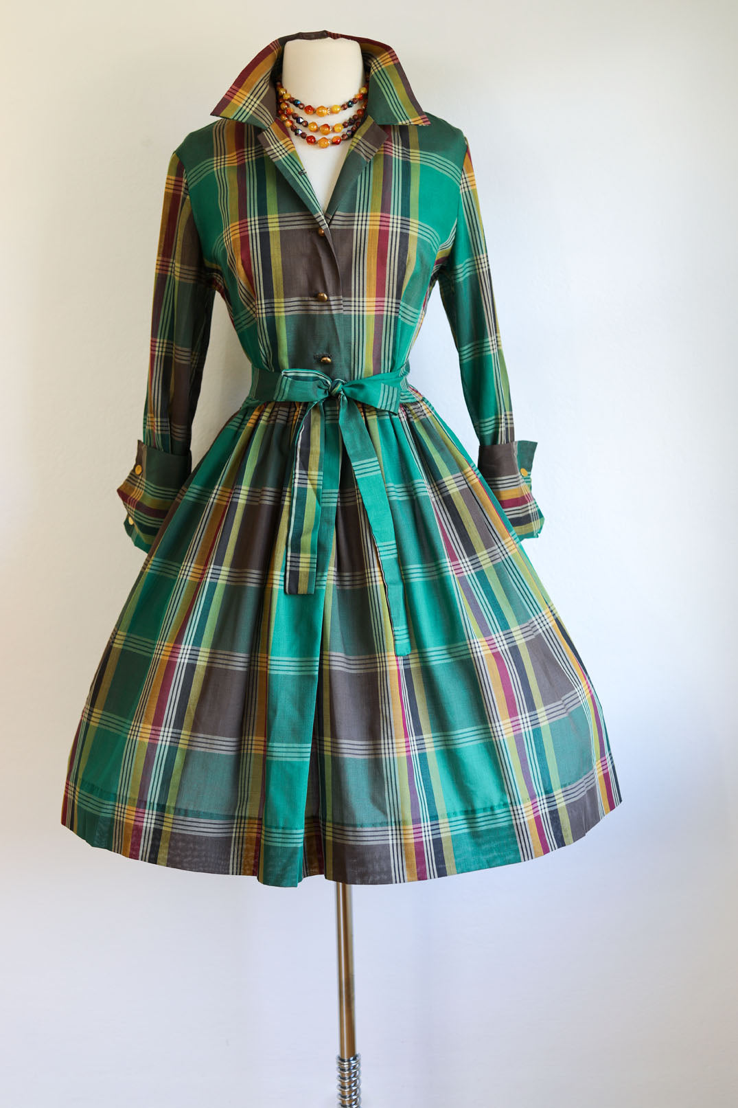 Vintage 1950s to 1960s Shirtwaist - Vivacious Pine Mustard Oxblood Plaid Soft Cotton Shirtwaist w Brass Size M to L