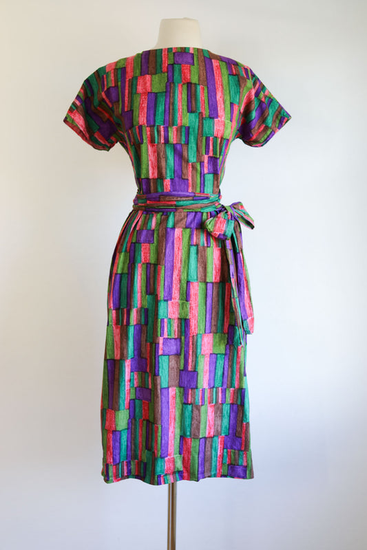 Vintage 1950s Wrap Dress - Lush Teal Olive Purple Strawberry Midcentury Modern Print Cotton Sundress Size M