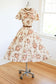 Vintage 1950s Dress - STUNNING Cream + Fawn and Peach Rose Print Cotton Beauty w Front Metal Zipper Size M