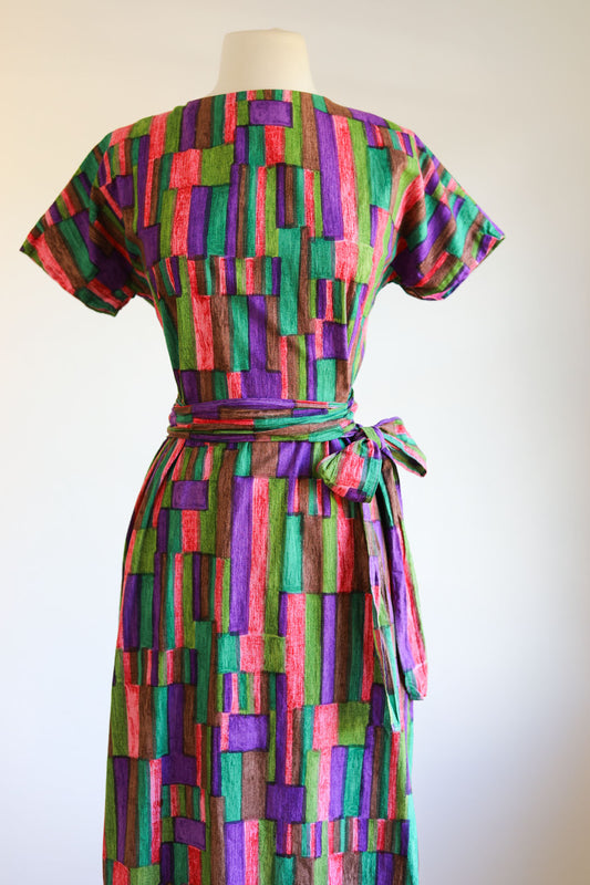 Vintage 1950s Wrap Dress - Lush Teal Olive Purple Strawberry Midcentury Modern Print Cotton Sundress Size M