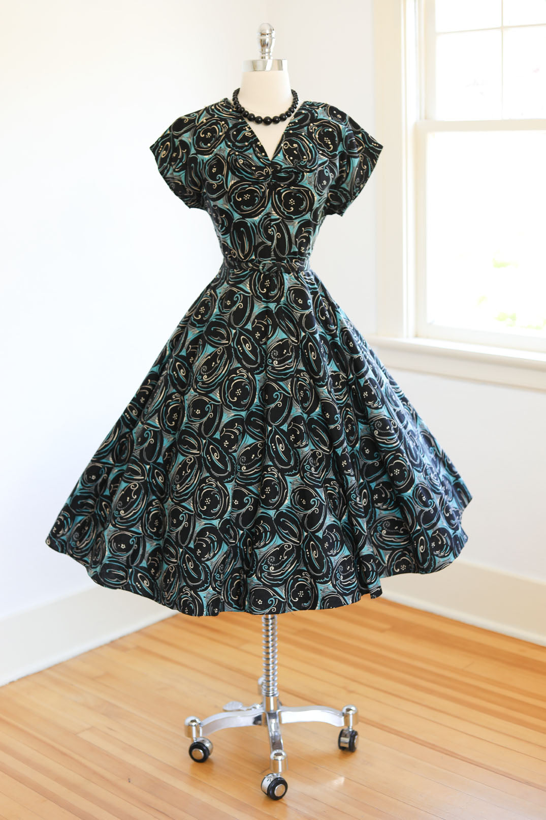 Vintage 1950s Dress - MESMERIZING Aqua + Black Cotton Sundress w Rhinestones Faux Pearls Size L - XL