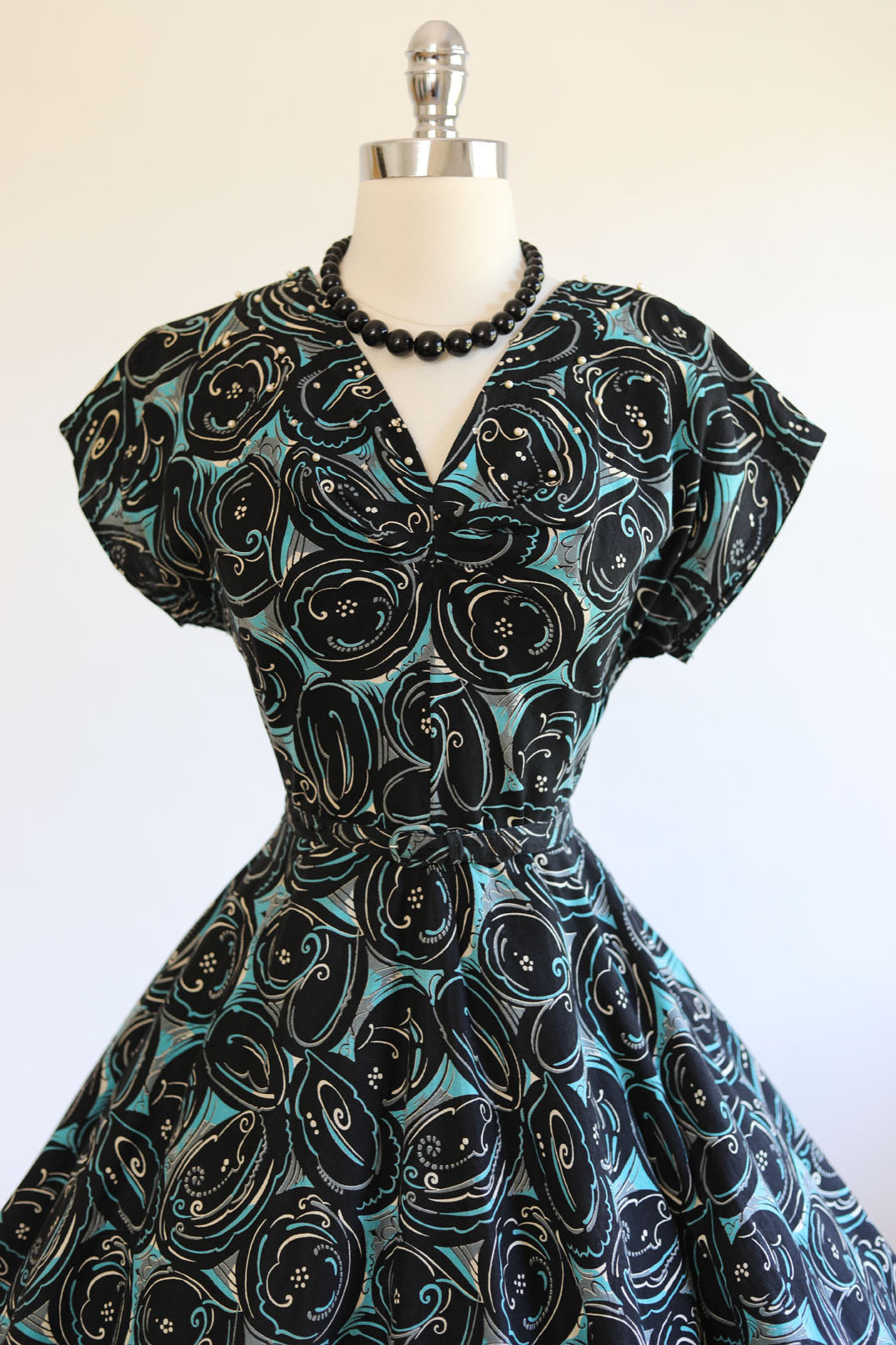 Vintage 1950s Dress - MESMERIZING Aqua + Black Cotton Sundress w Rhinestones Faux Pearls Size L - XL