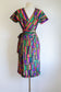 Vintage 1950s Wrap Dress - Lush Teal Olive Purple Strawberry Midcentury Modern Print Cotton Sundress Size M