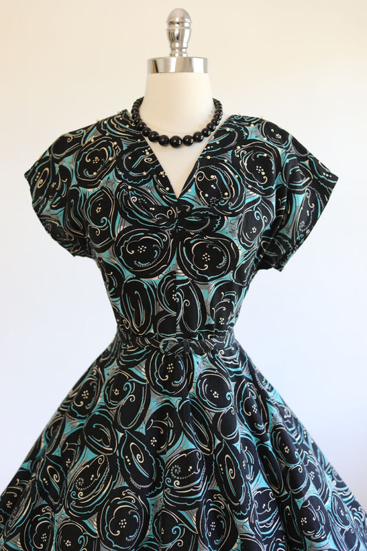 Vintage 1950s Dress - MESMERIZING Aqua + Black Cotton Sundress w Rhinestones Faux Pearls Size L - XL