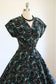 Vintage 1950s Dress - MESMERIZING Aqua + Black Cotton Sundress w Rhinestones Faux Pearls Size L - XL