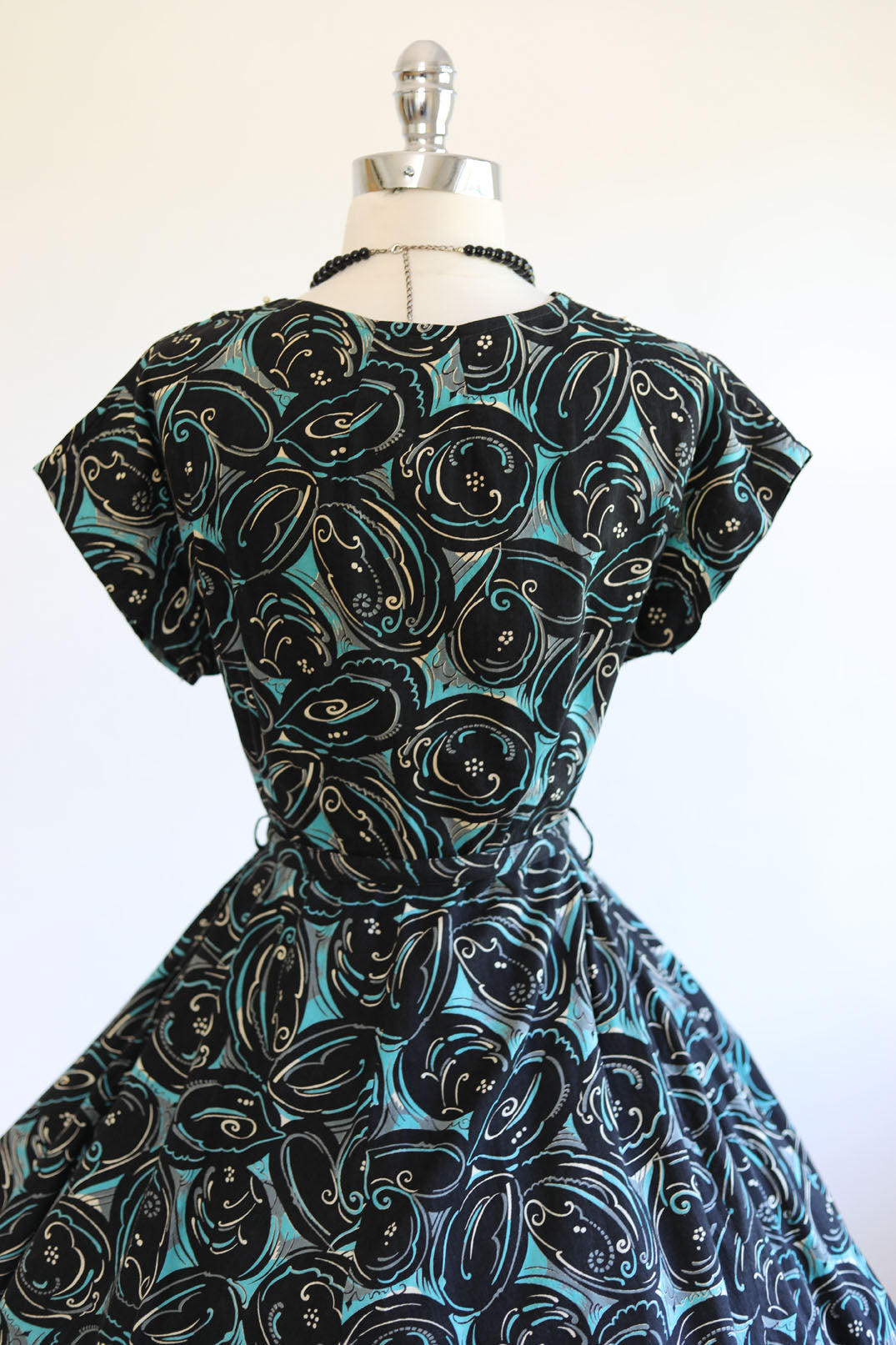 Vintage 1950s Dress - MESMERIZING Aqua + Black Cotton Sundress w Rhinestones Faux Pearls Size L - XL