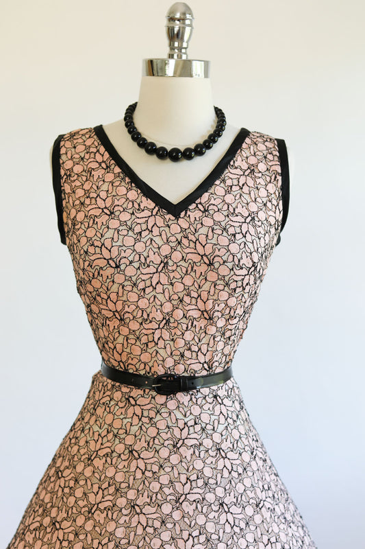Vintage 1950s Dress - GORGEOUS + Provocative Pastel Pink and Black Lace Sundress Size S
