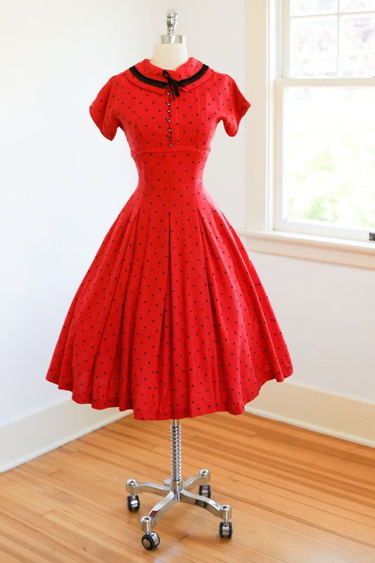Vintage 1950s Dress - VIVACIOUS Cherry Red Black Bust Shelf Party Dress w Velvet Size S - M