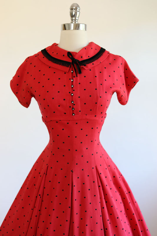 Vintage 1950s Dress - VIVACIOUS Cherry Red Black Bust Shelf Party Dress w Velvet Size S - M