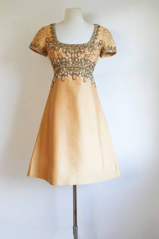 Vintage 1960s Beaded Dress - Pale Butterscotch Heavily Beaded Designer Cocktail Dress Size S