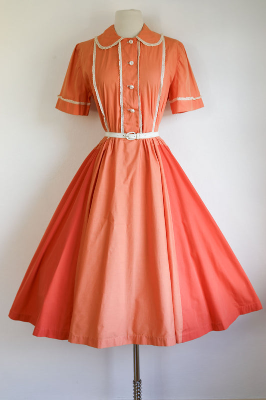 Vintage Early 1950s Shirtwaist - Darling Pumpkin Color Block Soft Cotton Lace Trim Dress Size L