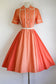 Vintage Early 1950s Shirtwaist - Darling Pumpkin Color Block Soft Cotton Lace Trim Dress Size L