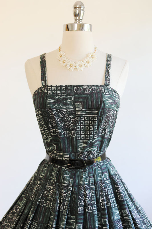 Vintage 1950s Dress - MOODY Sage Green Grey Block Print Style Hawaiian Sundress Size S