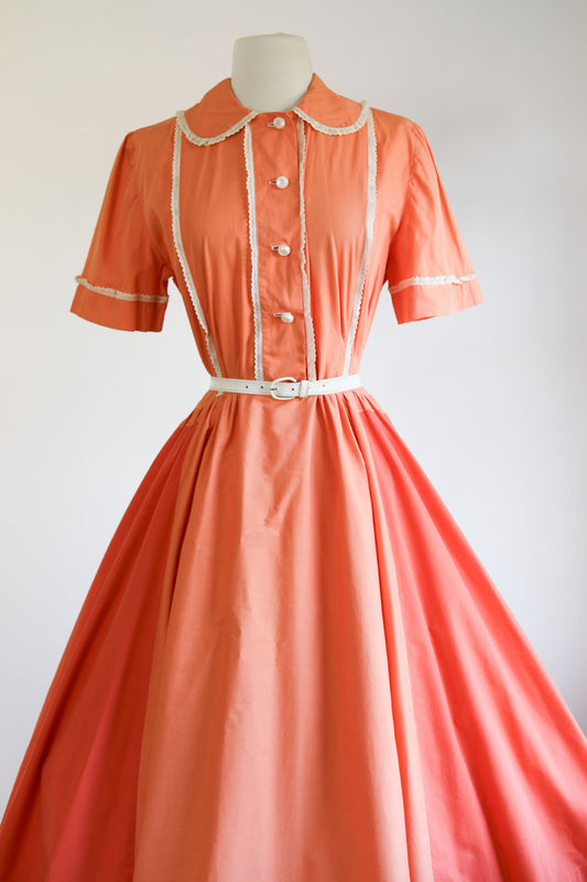 Vintage Early 1950s Shirtwaist - Darling Pumpkin Color Block Soft Cotton Lace Trim Dress Size L