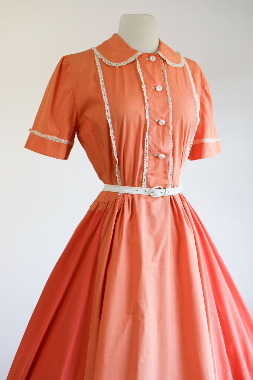 Vintage Early 1950s Shirtwaist - Darling Pumpkin Color Block Soft Cotton Lace Trim Dress Size L