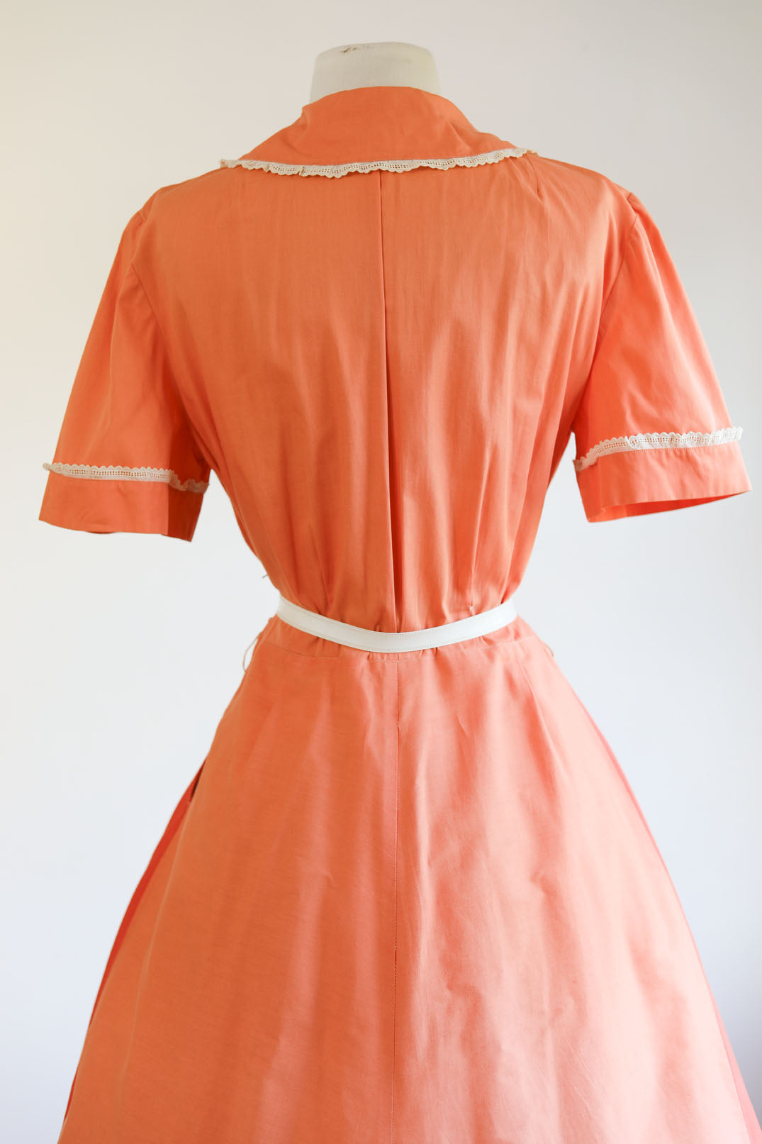Vintage Early 1950s Shirtwaist - Darling Pumpkin Color Block Soft Cotton Lace Trim Dress Size L