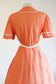 Vintage Early 1950s Shirtwaist - Darling Pumpkin Color Block Soft Cotton Lace Trim Dress Size L