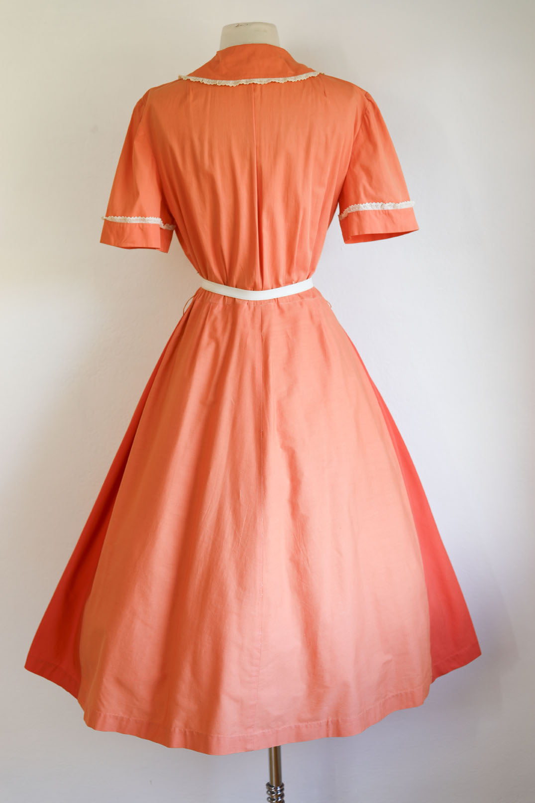 Vintage Early 1950s Shirtwaist - Darling Pumpkin Color Block Soft Cotton Lace Trim Dress Size L