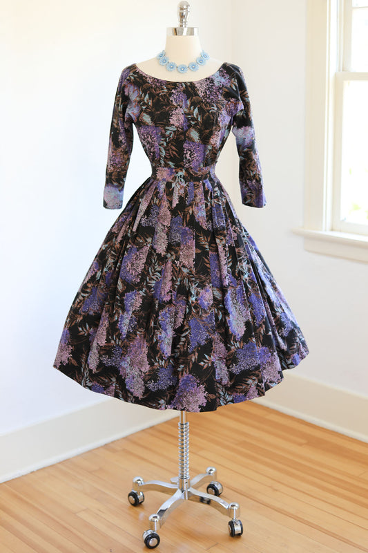 Vintage 1950s Dress Set - GLORIOUS Black Floral w Aqua, Violet + Lavender GLITTER Lilacs Blouse + Skirt Size S to M