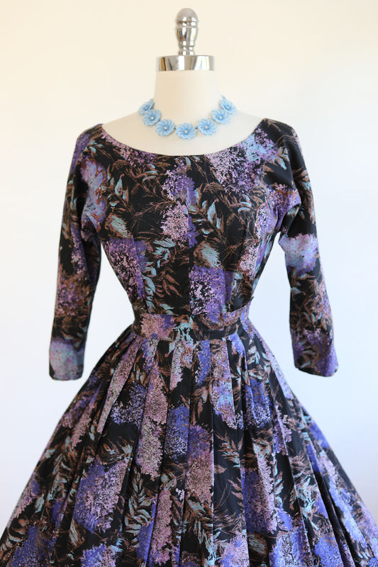 Vintage 1950s Dress Set - GLORIOUS Black Floral w Aqua, Violet + Lavender GLITTER Lilacs Blouse + Skirt Size S to M
