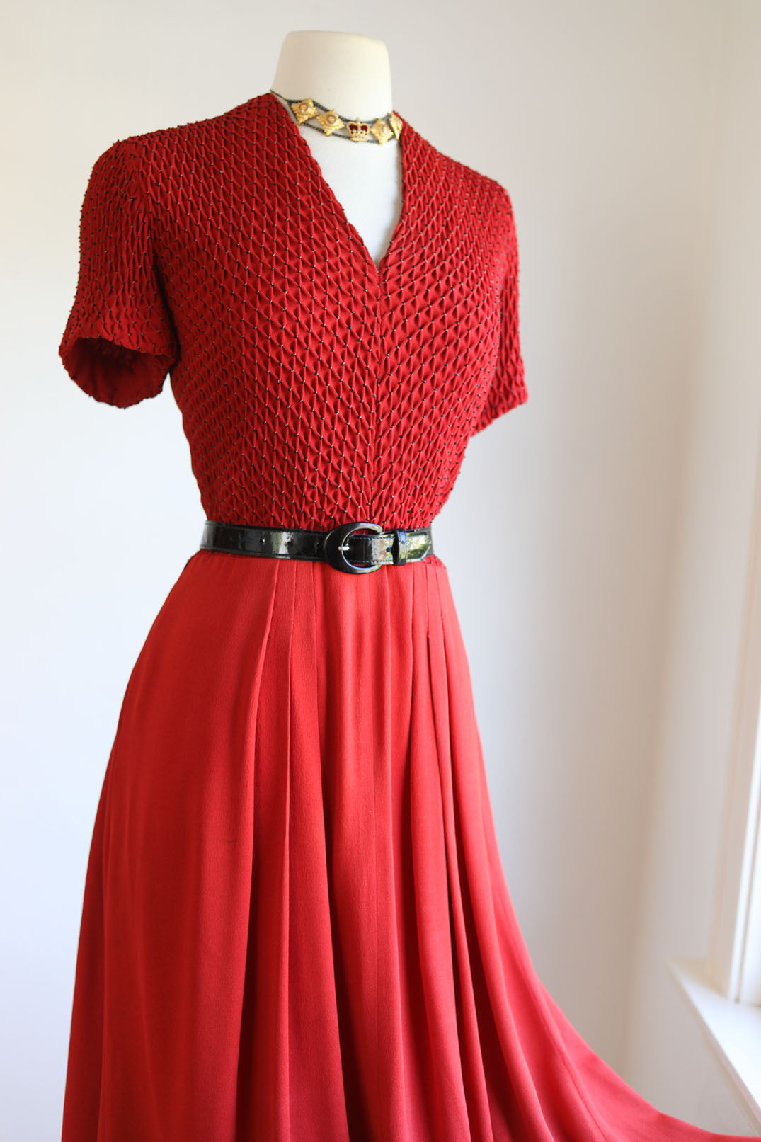 Vintage 1940s Gown - Spectacular Scarlet + Black Rayon Crepe Full Length Dress w Beading Size M