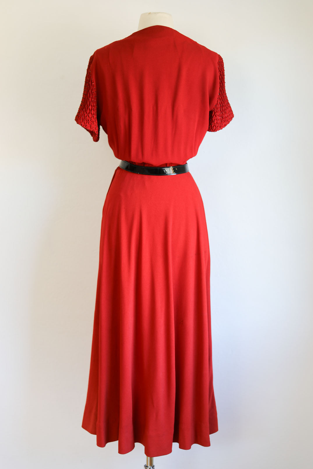 Vintage 1940s Gown - Spectacular Scarlet + Black Rayon Crepe Full Length Dress w Beading Size M