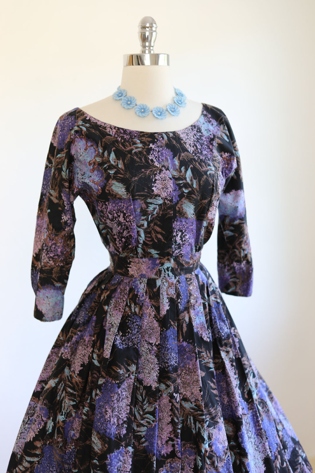 Vintage 1950s Dress Set - GLORIOUS Black Floral w Aqua, Violet + Lavender GLITTER Lilacs Blouse + Skirt Size S to M