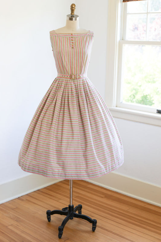 Vintage 1950s Dress - DARLING Candy Pink Tan Gold Metallic Stripe Cotton Belted Sundress Size S