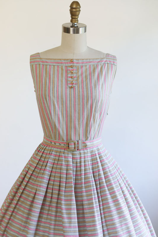 Vintage 1950s Dress - DARLING Candy Pink Tan Gold Metallic Stripe Cotton Belted Sundress Size S