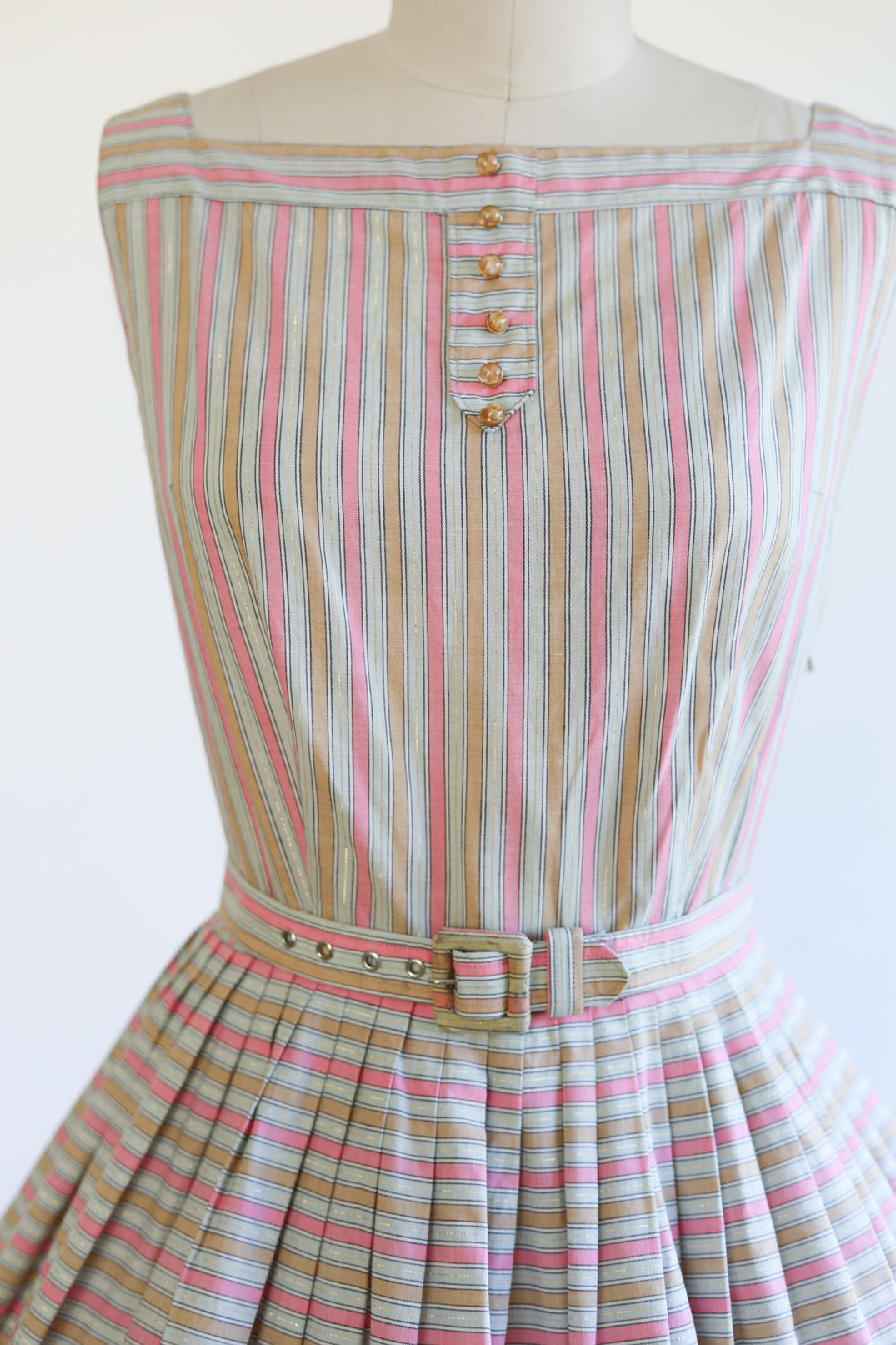 Vintage 1950s Dress - DARLING Candy Pink Tan Gold Metallic Stripe Cotton Belted Sundress Size S