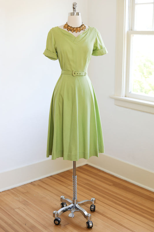 Vintage 1940s to 1950s Dress - INCREDIBLE Chartreuse Green Butcher Linen w Layered Neckline Size M