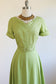 Vintage 1940s to 1950s Dress - INCREDIBLE Chartreuse Green Butcher Linen w Layered Neckline Size M