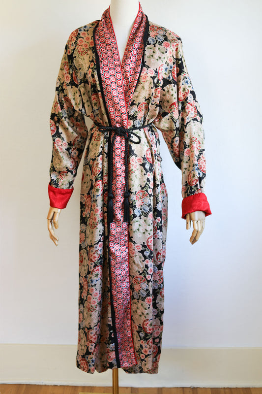 Vintage 1980s does 1940s Christian Dior Robe - Luxe Chinoiserie Print Silky Smoking Lounging Wrap Dressing Gown Size M to XL