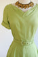 Vintage 1940s to 1950s Dress - INCREDIBLE Chartreuse Green Butcher Linen w Layered Neckline Size M