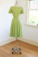 Vintage 1940s to 1950s Dress - INCREDIBLE Chartreuse Green Butcher Linen w Layered Neckline Size M