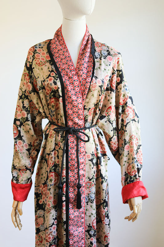 Vintage 1980s does 1940s Christian Dior Robe - Luxe Chinoiserie Print Silky Smoking Lounging Wrap Dressing Gown Size M to XL