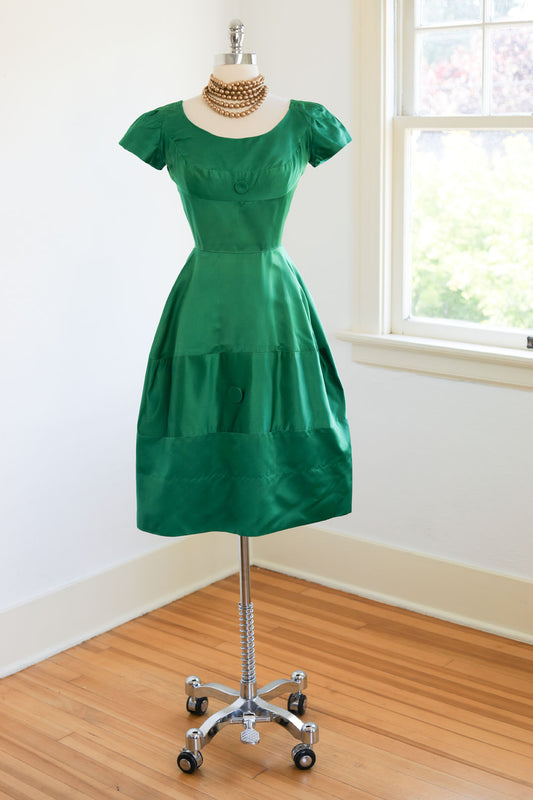 Vintage 1950s to 1960s Dress - GLOWING Emerald Green Silk + Silk Satin Cocktail Dress Size XS to S