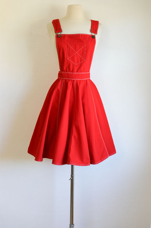 Vintage 1970s Overalls Jumper Dress - Bratty-Cute Red Cotton Pinafore Circle Skirt Size XS