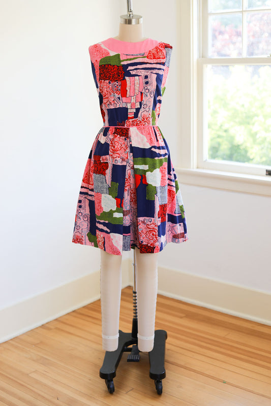 Vintage 1960s CUTEST EVER Romper - Pink Blue Olive Red Modern Art Print Cotton Shorts Jumpsuit Size M