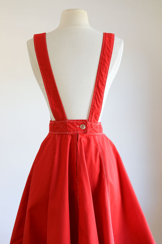 Vintage 1970s Overalls Jumper Dress - Bratty-Cute Red Cotton Pinafore Circle Skirt Size XS